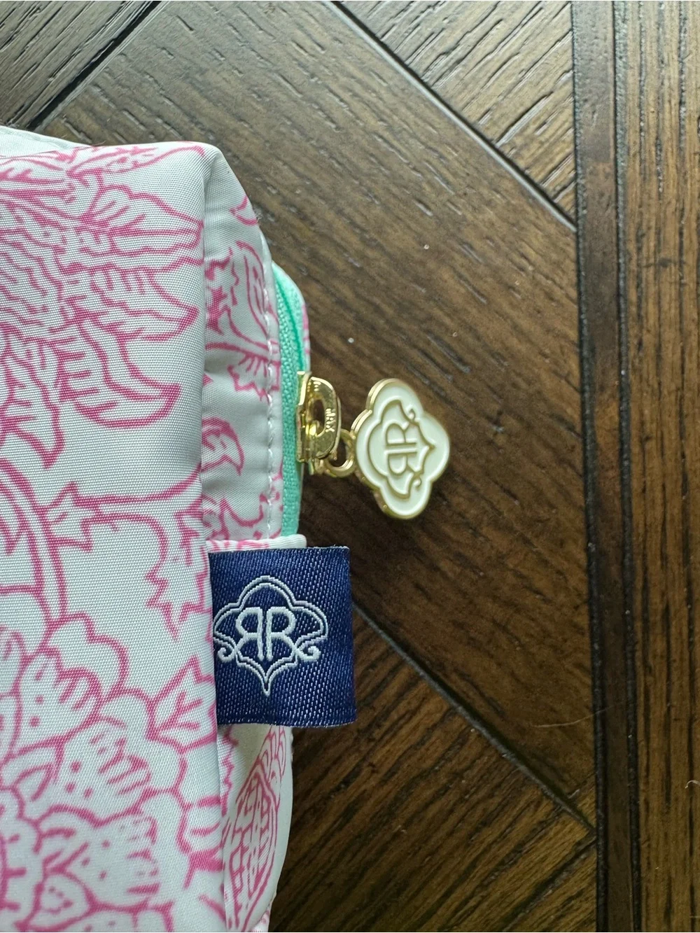 ROLLER RABBIT Pink Floral Cosmetic Pouch with Mint Zipper